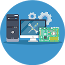 Un PC typique se compose de composants tels qu'un processeur, une mémoire vive, un disque dur ou un SSD, une carte graphique, une carte mère, une alimentation électrique, ainsi qu'un écran, un clavier et une souris en tant que périphériques d'entrée et de sortie.