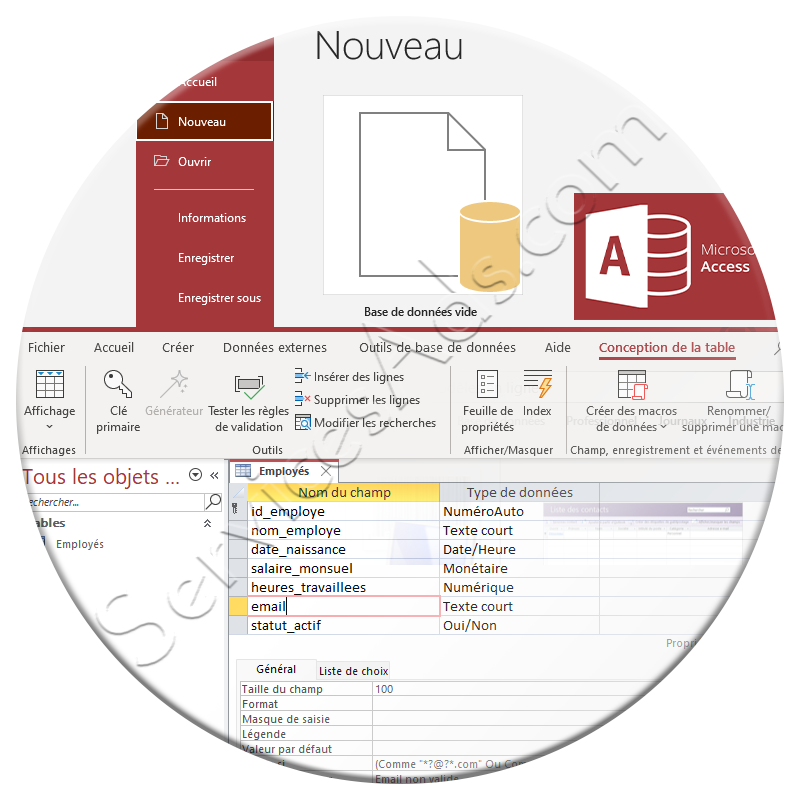 Microsoft Access, développé par Microsoft. Intégré à la suite Microsoft Office